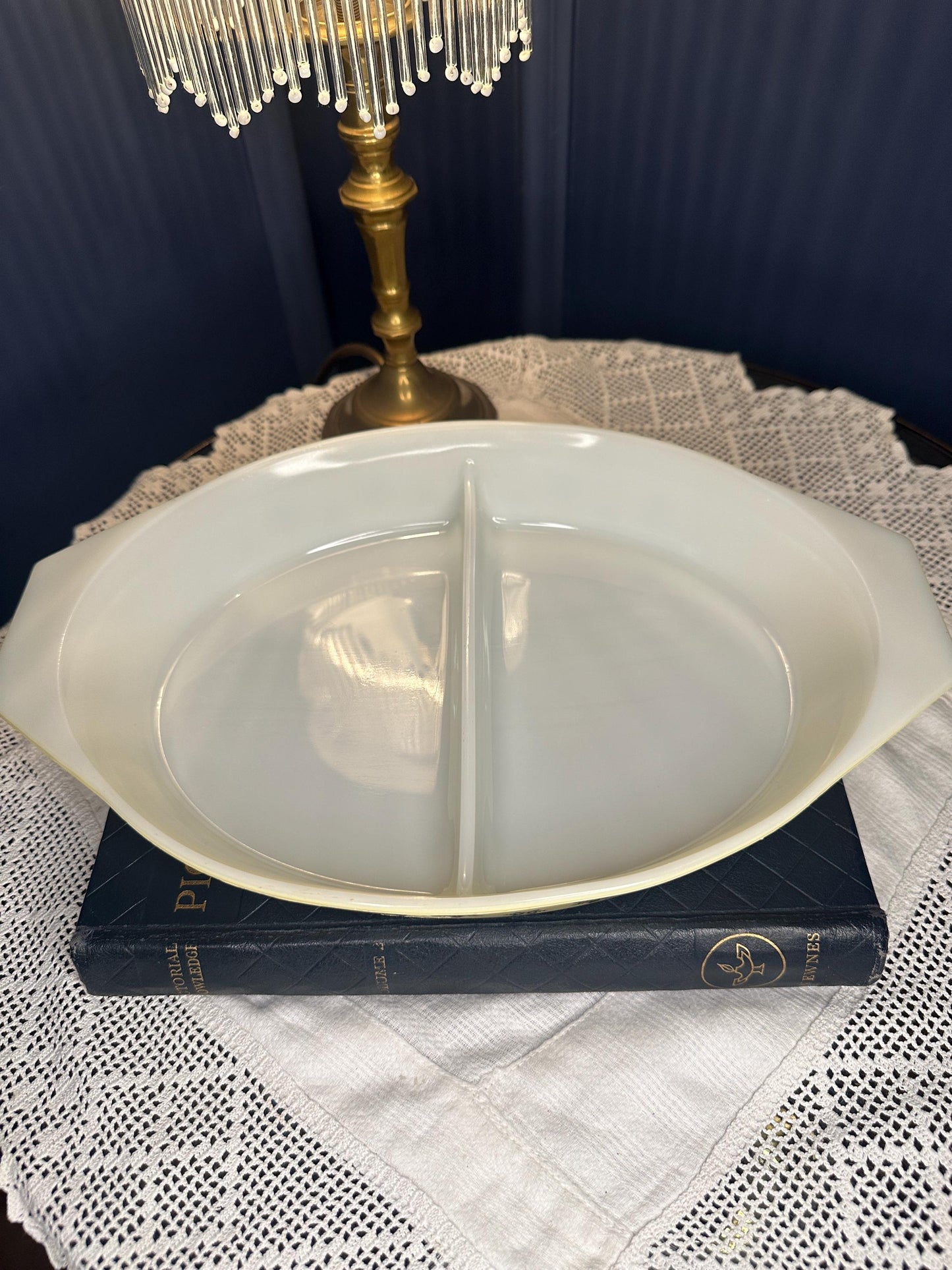 Vintage Pyrex Divided Casserole Dish with Lid, Yellow Snowflake Pyrex, Mid Century Glass Bakeware, Retro Serving Dish MCM Kitchen