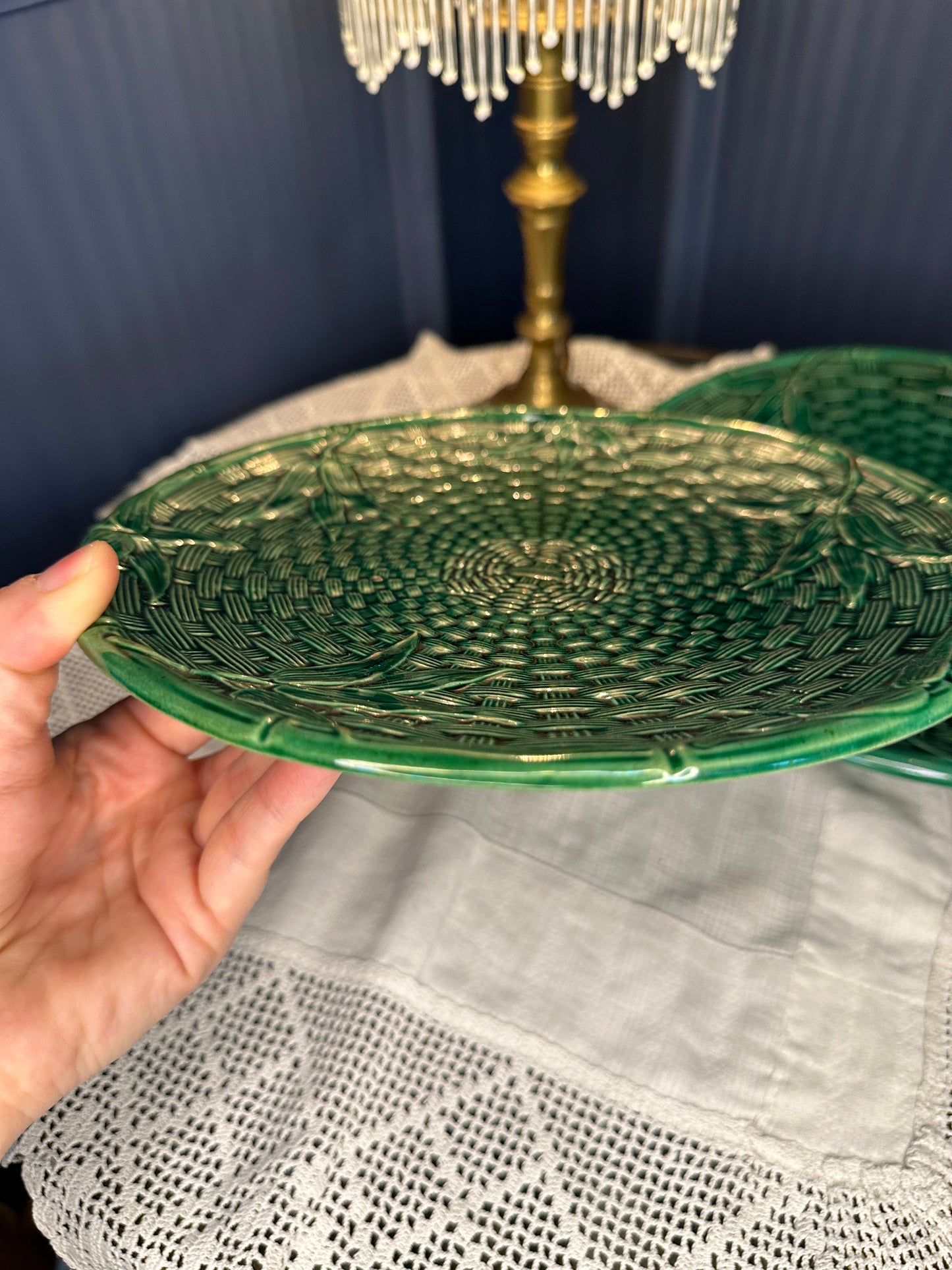 Vintage Emerald Green Majolica Basket Weave Plate & Pedestal Footed Plate – Botanical Leaf Relief Ceramic Serveware