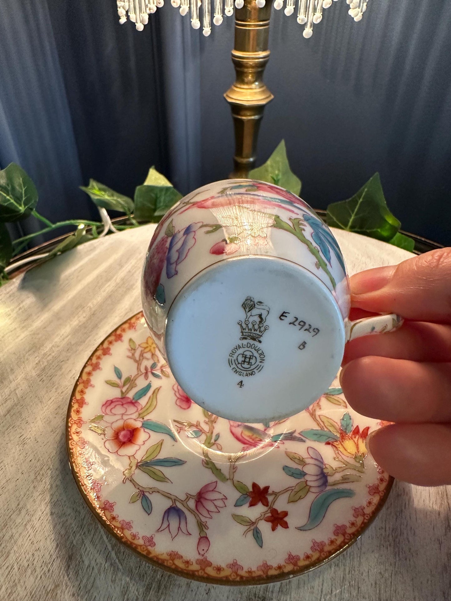Antique Royal Doulton Teacup & Saucer: Hand-Painted Floral Bone China, Pattern E2929