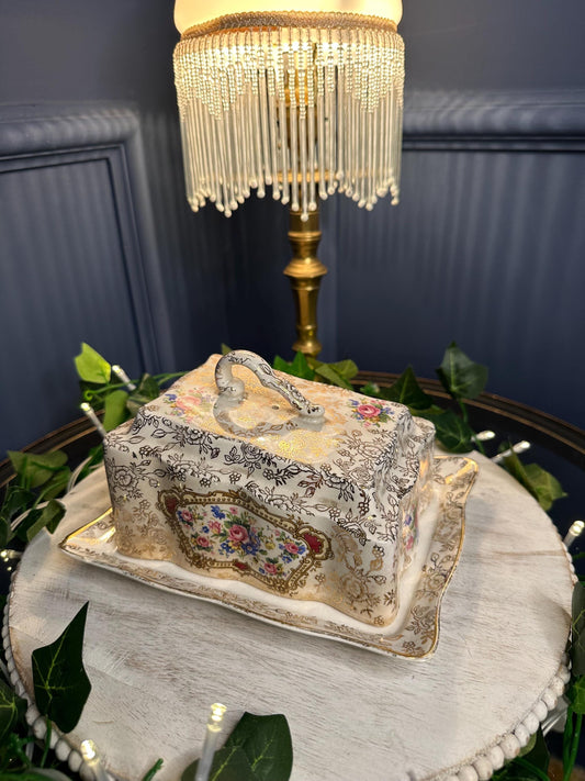 Vintage James Kent Old Foley Cheese Dish with Lid – “Pompadour” Floral & Gold Gilt – Staffordshire England – Shabby Chic Cottagecore