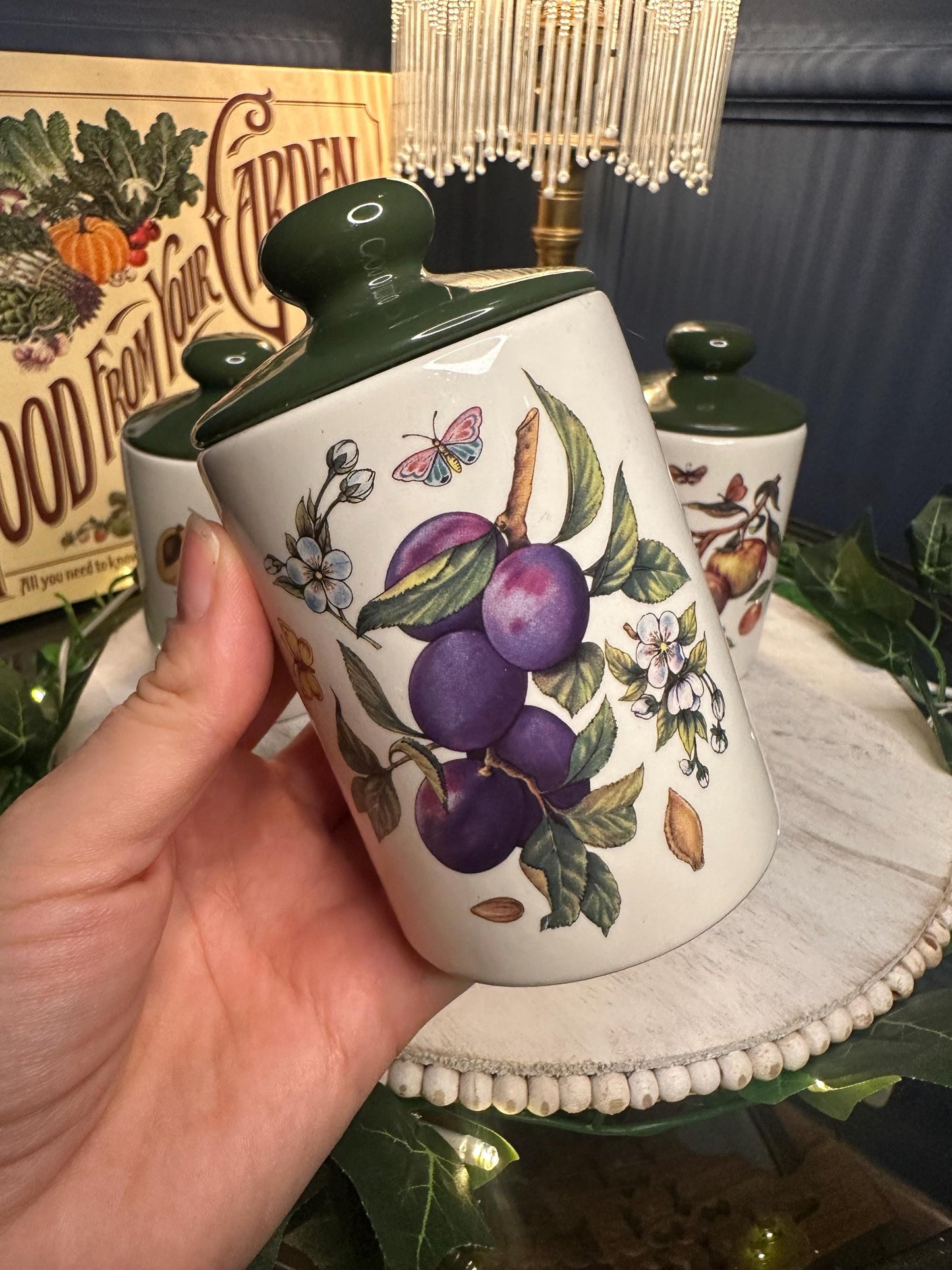 Vintage Melba Staffordshire Preserve Jars – Set of 3 Fruit Motif Ceramic Kitchen Canisters with Lids – English Pottery Storage, 1970s Retro