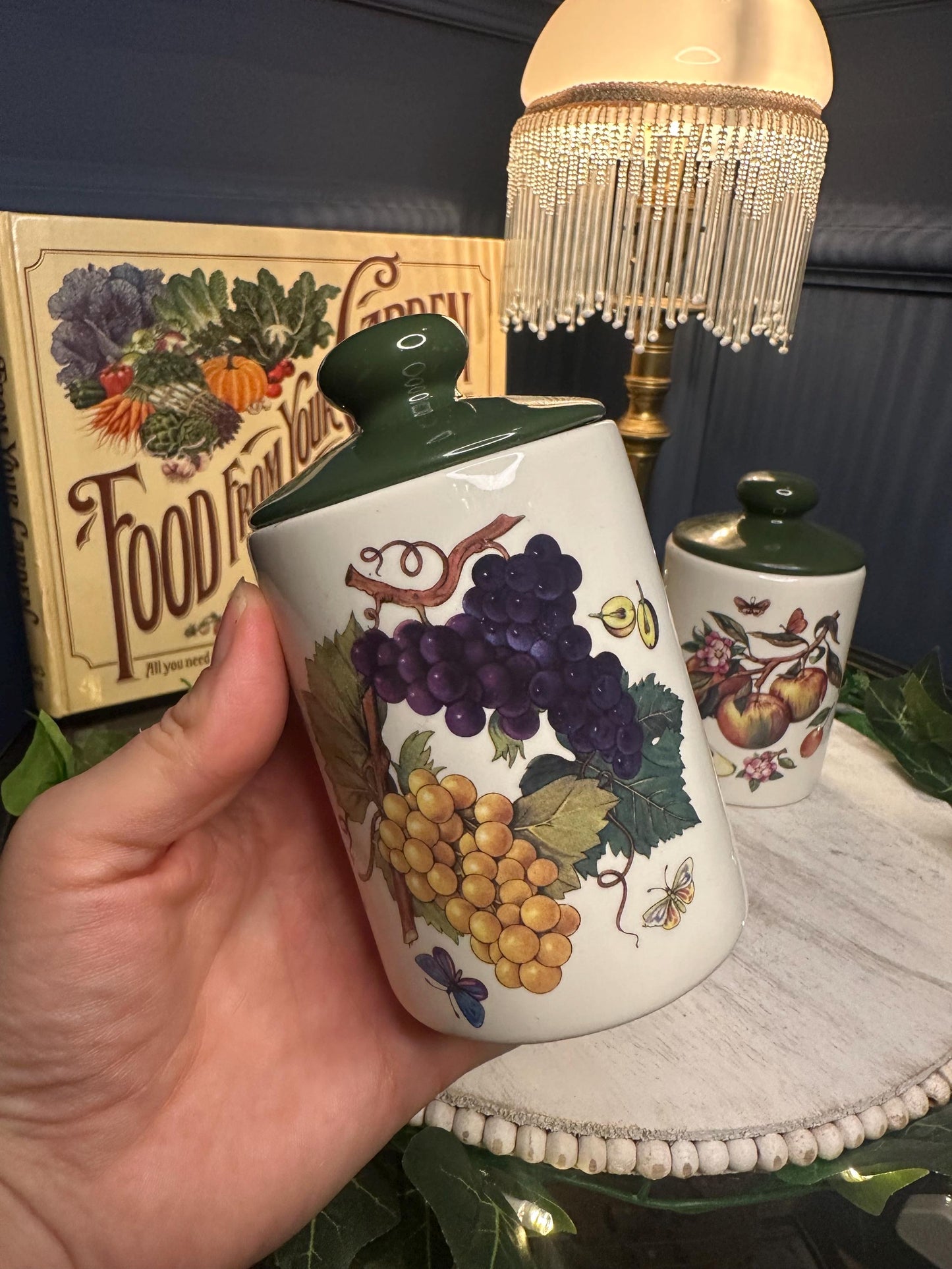 Vintage Melba Staffordshire Preserve Jars – Set of 3 Fruit Motif Ceramic Kitchen Canisters with Lids – English Pottery Storage, 1970s Retro