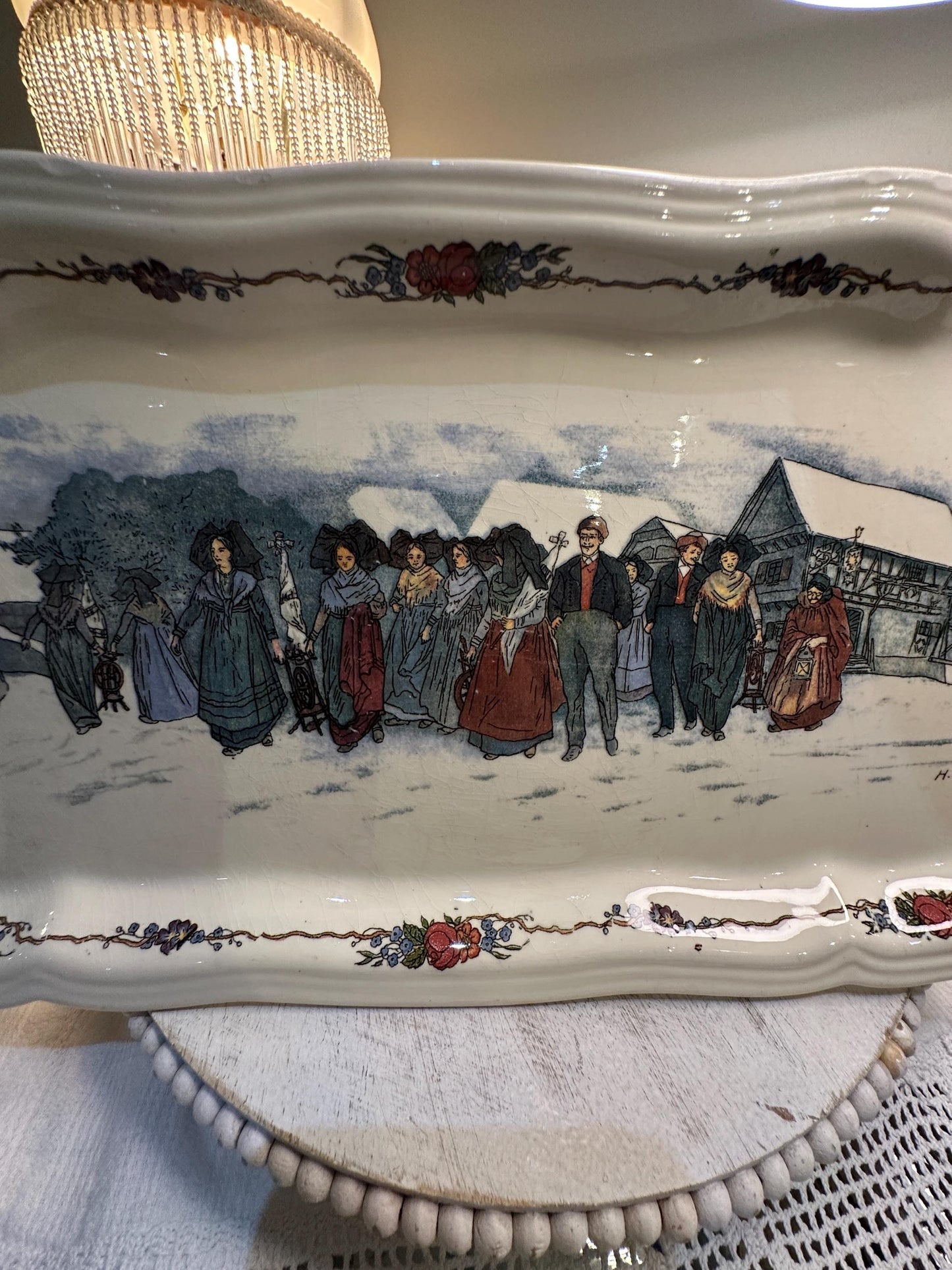 Vintage Obernai Sarreguemines Faïenceries France Platter – French Country Scene, Rectangular Ceramic Serving Tray, Rustic Farmhouse Kitchen