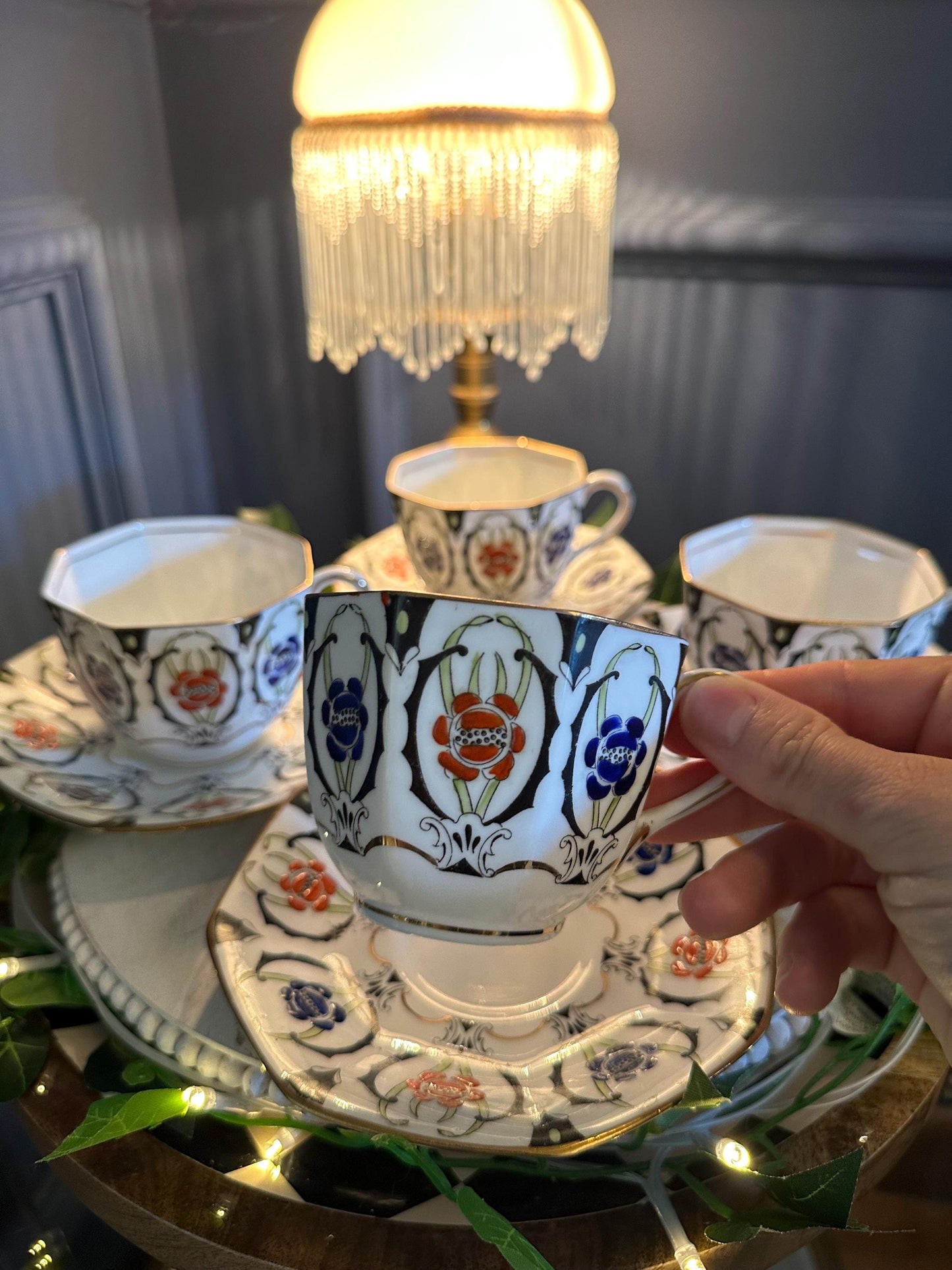 Delphine China Tea Set Octagonal Imari Style – 1930s Hand Painted English Bone China | Cups & Saucers Plates Jug  Bowl | Art Deco Vintage