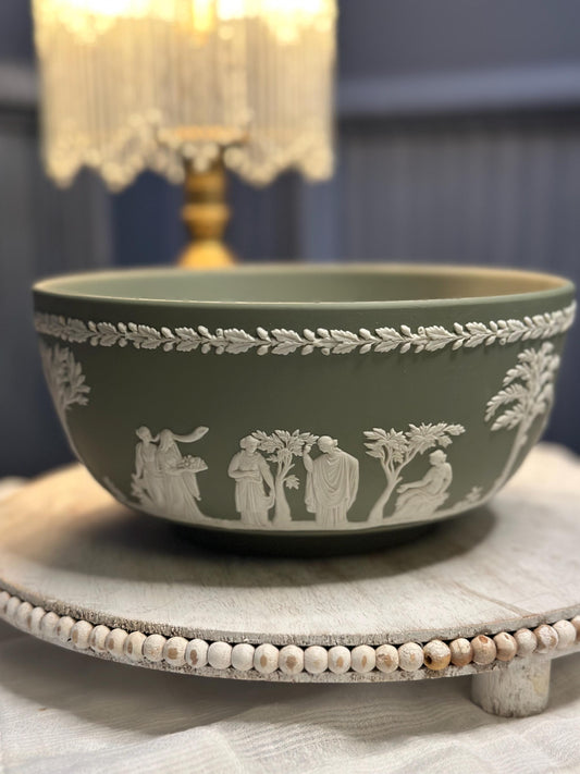 Vintage Wedgwood Jasperware Bowl – Sage Green Classical Relief, Large 8” Collectible Made in England, Neoclassical Home Décor