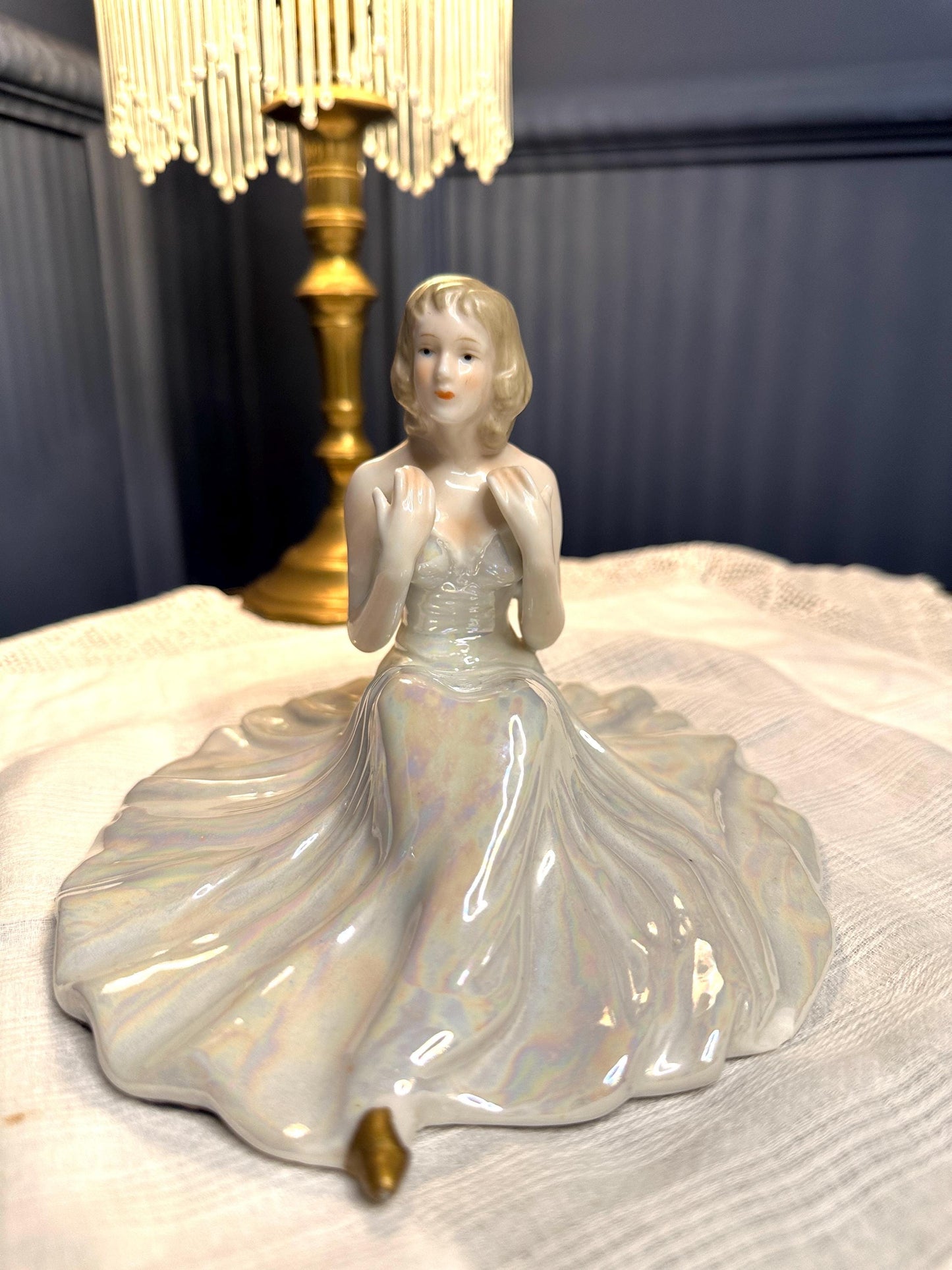 Vintage Royal Dux Bohemia Art Deco Sitting Lady Figurine Full Skirt Czech
