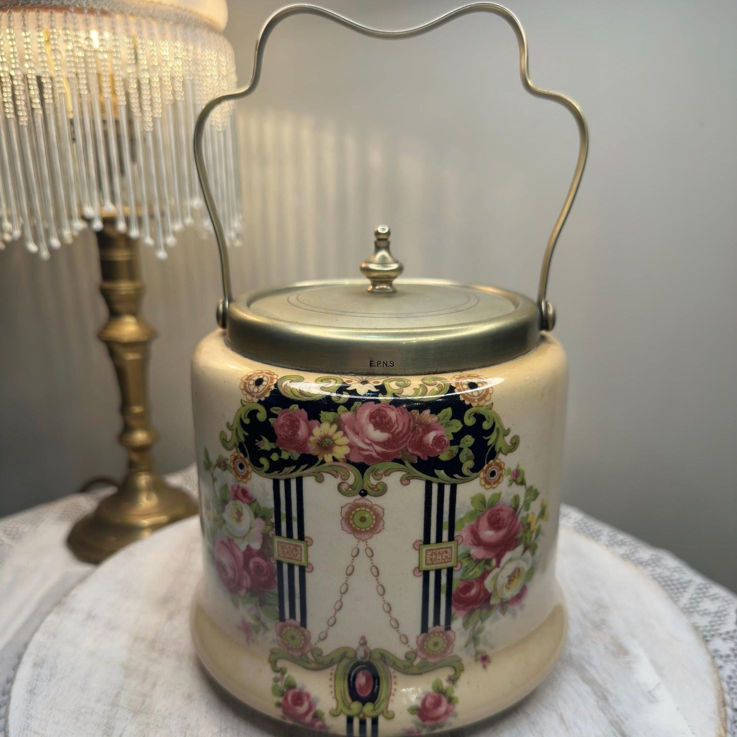 Antique Bristolia Biscuit Barrel with ESPN Stamped Lid – Early 1900s English Ceramic Cookie Jar, Vintage Kitchenware