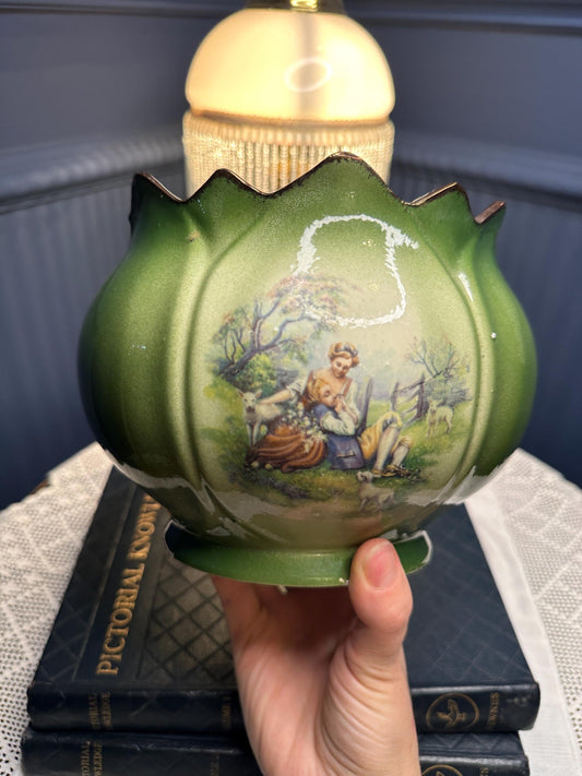 KLM Staffordshire Planter Cachepot | Vintage Green Transferware Planter | Scalloped Rim Gold Trim | English Pottery Jardiniere | Cottagecore