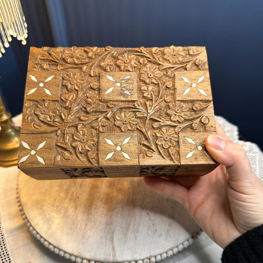 Vintage Hand Carved Wooden Jewelry Box, Floral Keepsake Box, Inlaid Trinket Holder, Rustic Boho Decor, Cottagecore Gift
