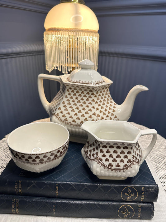 Vintage Adams Sharon Tea Set England | Ironstone Teapot Creamer Sugar Bowl Set | Brown Ivory Teaset | Cottagecore English Tea Set