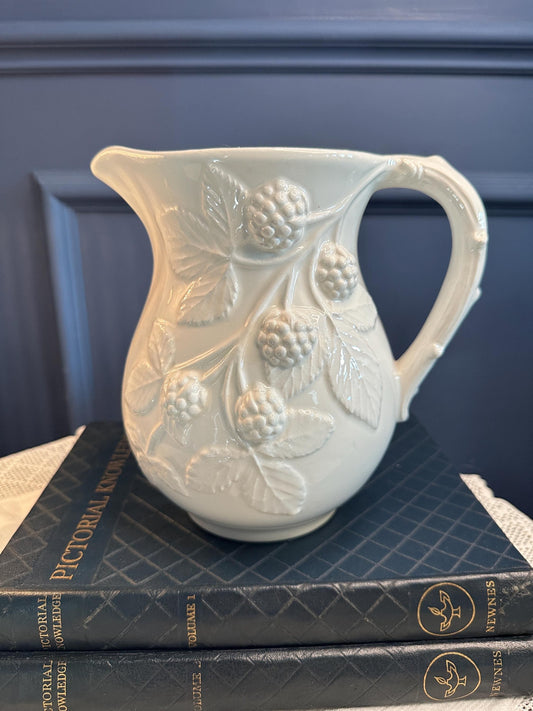 Italian Majolica Pitcher Bassano Italy | Vintage White Ceramic Jug Vase | Berry Relief Pitcher | Farmhouse Cottagecore Decor | French Countr