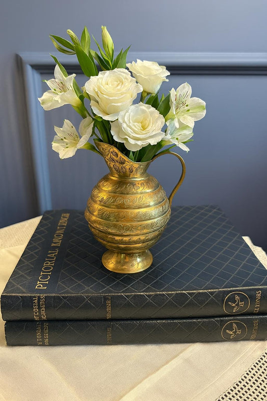 Antique Brass Pitcher Vase Small | Vintage Engraved Brass Jug | Floral Etched Boho Decor | Middle Eastern Metal Vase | Rustic Gold Bud Vase