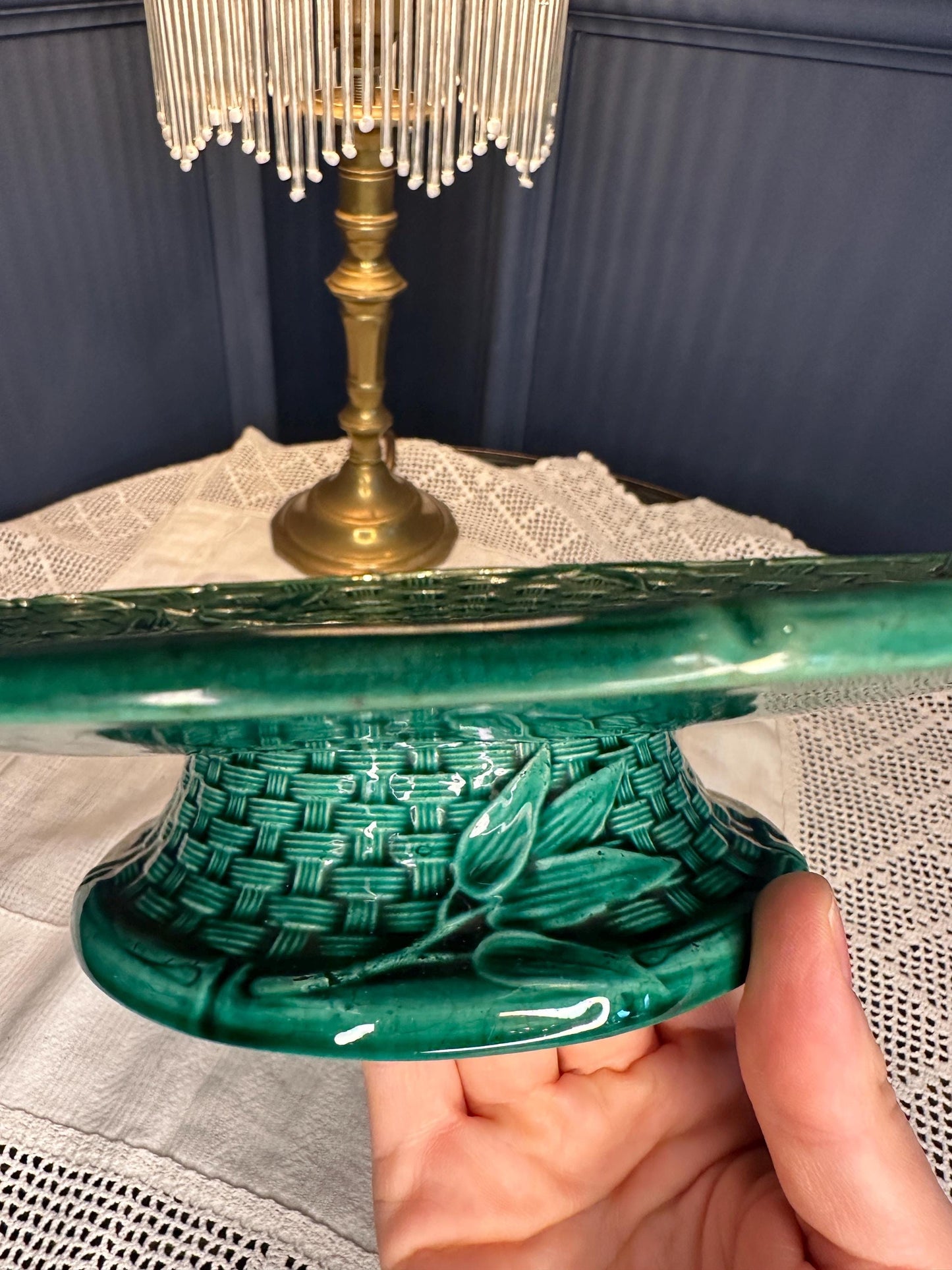 Vintage Green Majolica Pedestal Serving Dish, Basketweave Plate with Leaf Detail, Cake Stand, Centrepiece Display