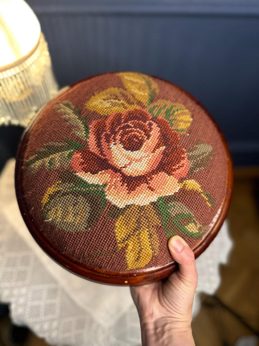 Vintage Needlepoint Footstool, Floral Rose Ottoman, Round Wooden Vanity Stool, Victorian Cottage Decor, Tapestry Piano Stool