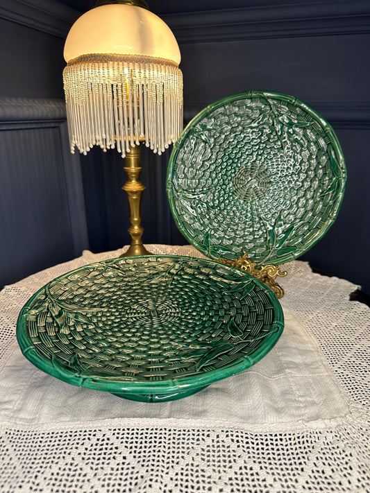 Vintage Green Majolica Pedestal Serving Dish, Basketweave Plate with Leaf Detail, Cake Stand, Centrepiece Display