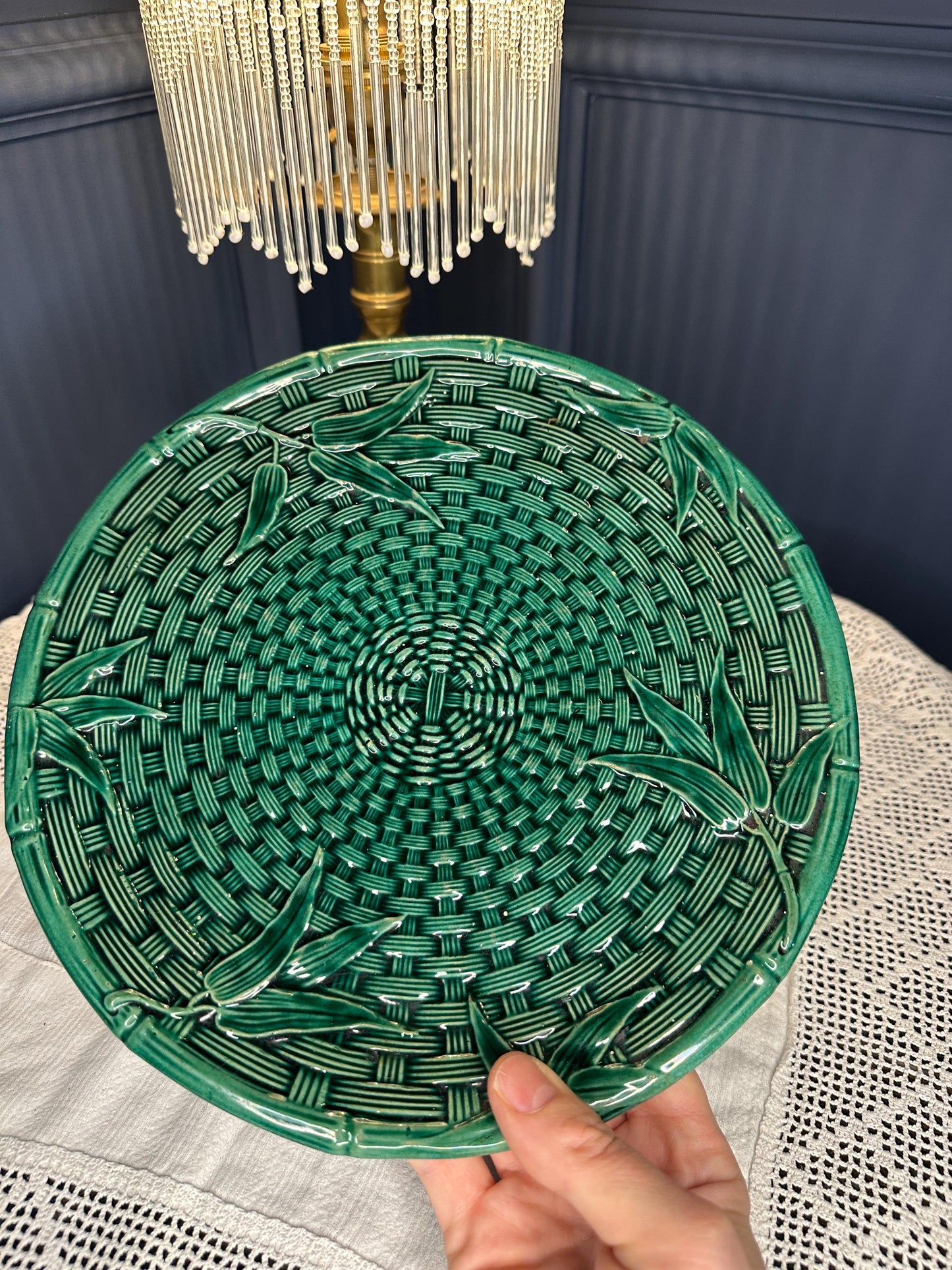 Vintage Green Majolica Pedestal Serving Dish, Basketweave Plate with Leaf Detail, Cake Stand, Centrepiece Display