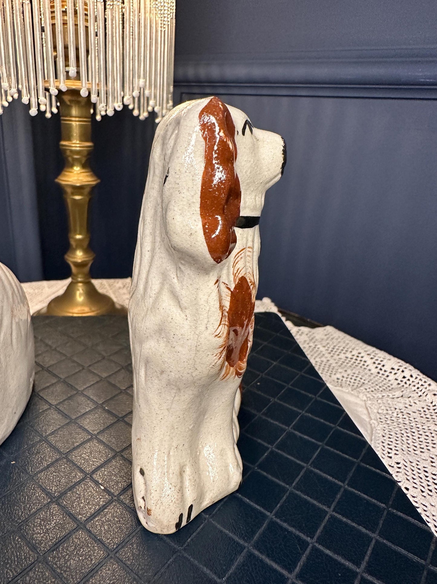 Antique Staffordshire Spaniel Dogs Pair – Victorian Flatback Pottery Mantel Ornaments – Small Ceramic King Charles Style Dogs