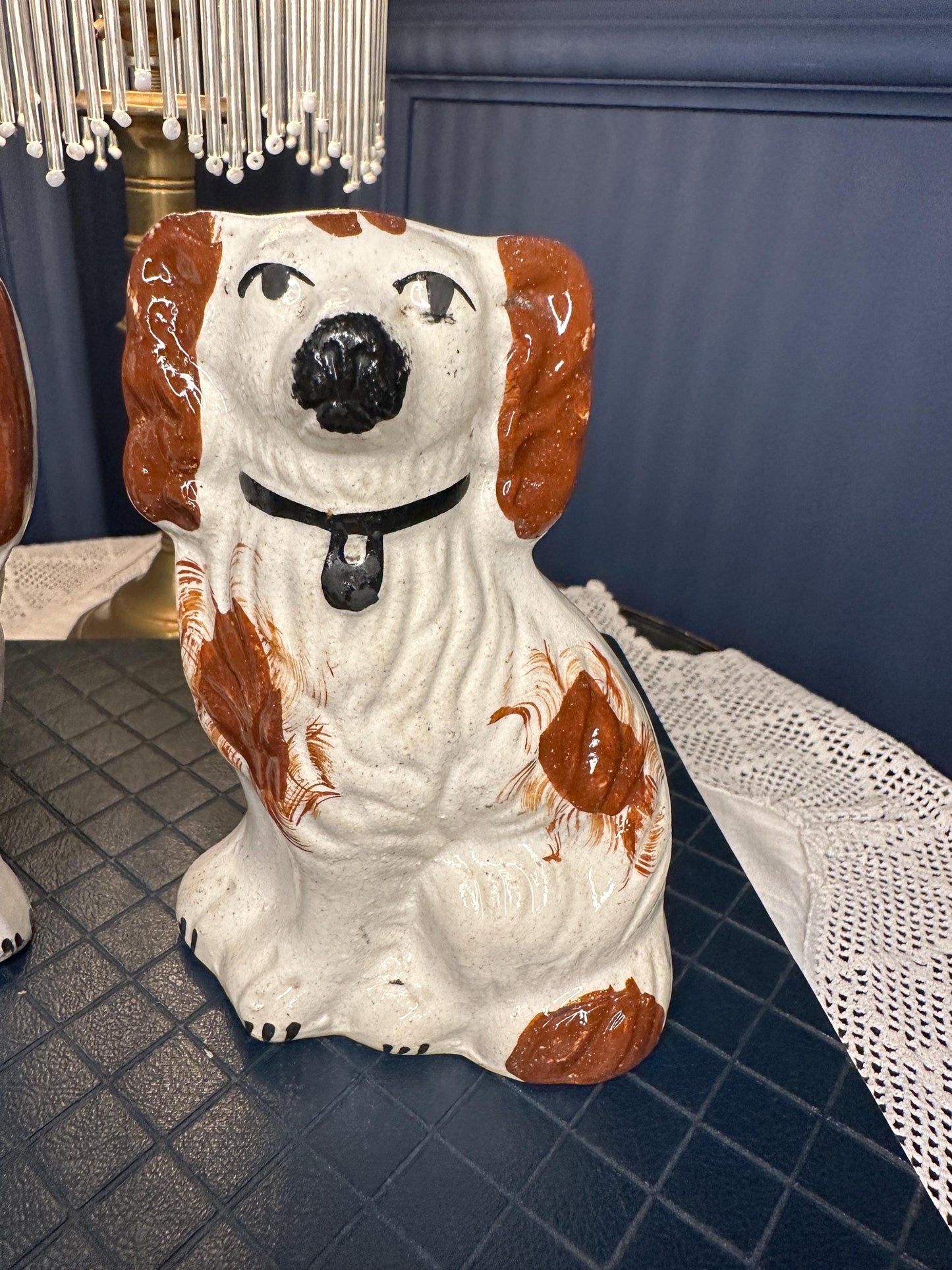 Antique Staffordshire Spaniel Dogs Pair – Victorian Flatback Pottery Mantel Ornaments – Small Ceramic King Charles Style Dogs
