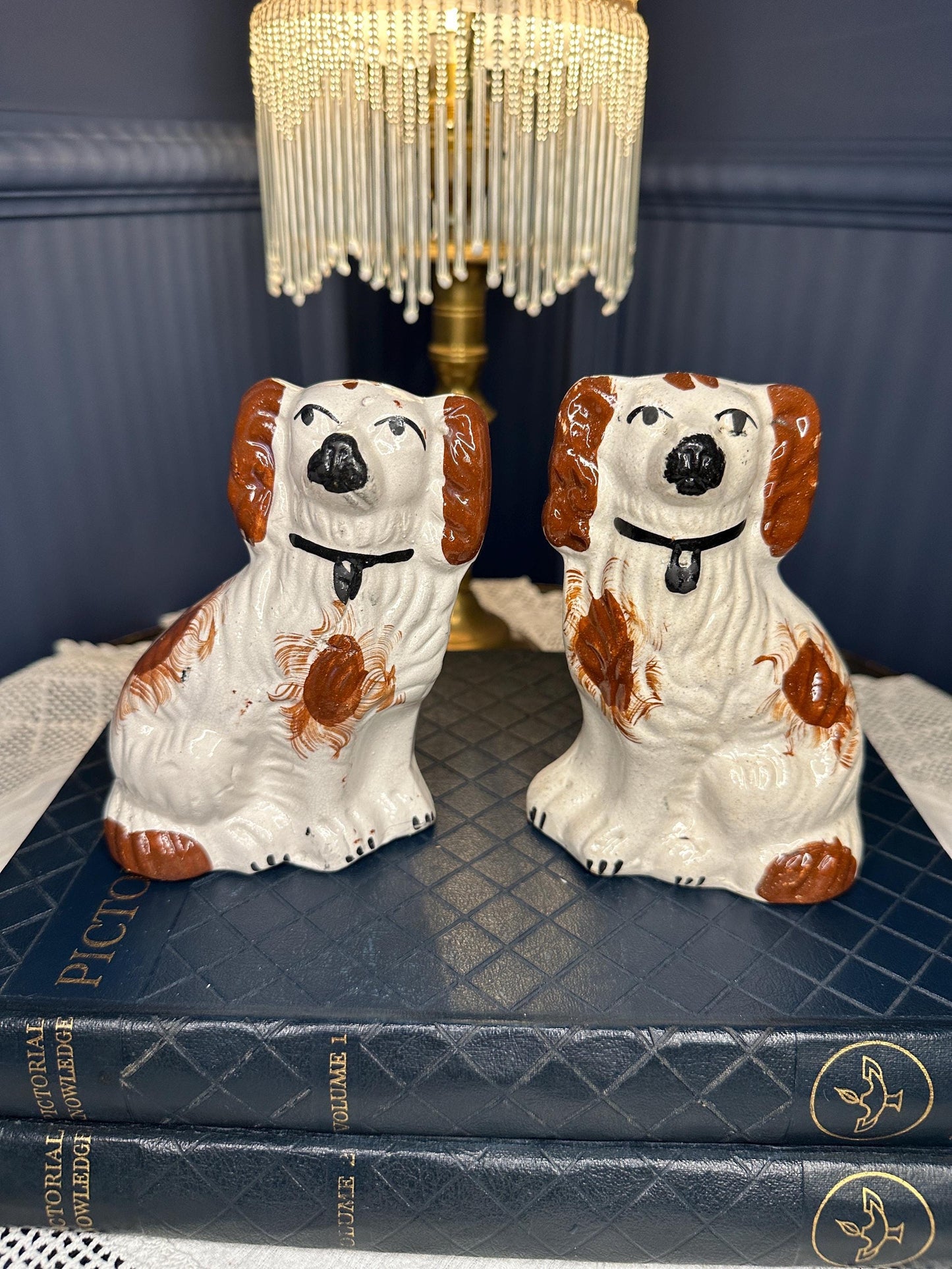 Antique Staffordshire Spaniel Dogs Pair – Victorian Flatback Pottery Mantel Ornaments – Small Ceramic King Charles Style Dogs