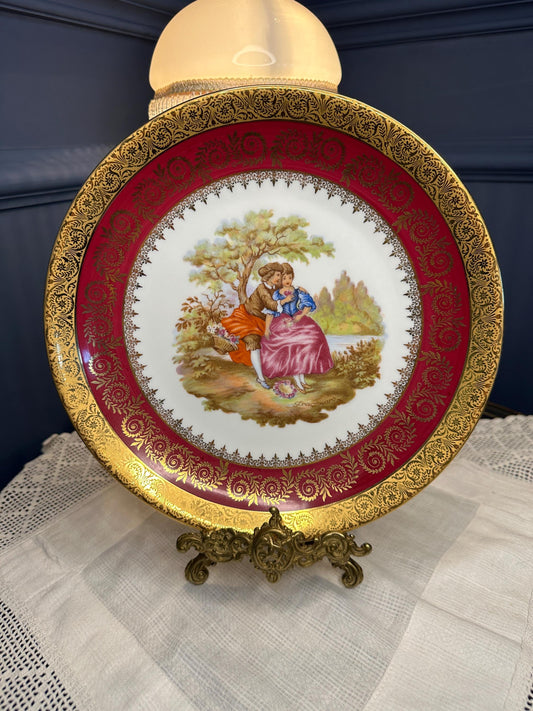 Vintage Limoges France Porcelain Plate Red & Gold Gilt Romantic Couple Scene Fragonard Style Decorative Cabinet Plate