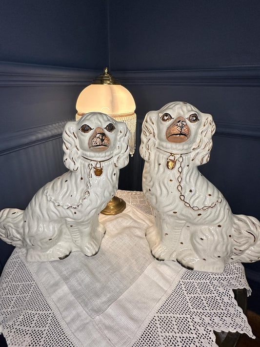 Vintage Ceramic Spaniel Dog Figurines Pair, White and gold glaze, Cottagecore Decor, Staffordshire Style,  Heavy Staffordshire Style Dogs