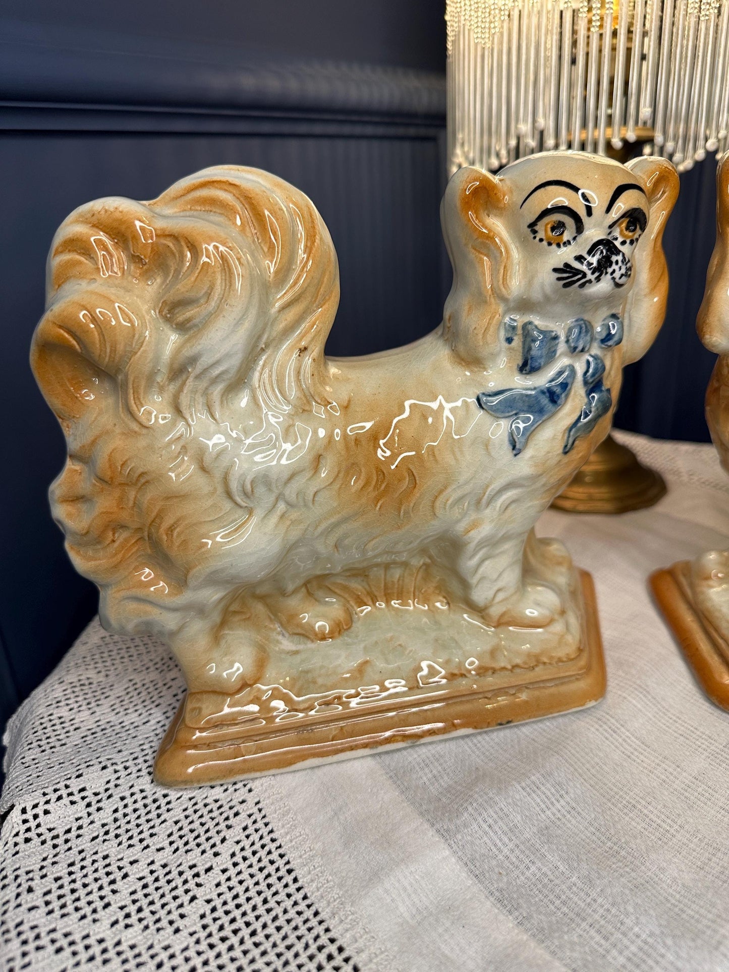 Antique Staffordshire Pekingese Dog Figurines Pair – RD 542671 Bo’ness Pottery Mantle Dogs – Vintage Ceramic Spaniels with Blue Bows