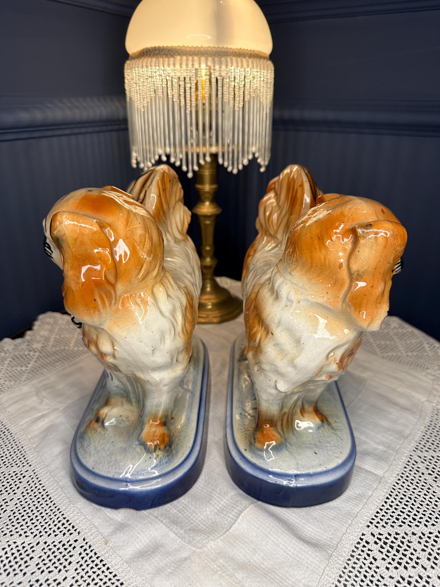 Antique Staffordshire Pekingese Dog Figurines Pair | Early 1900s Hand Painted Ceramic Spaniels | Blue Base Vintage Dogs | English Collectibl