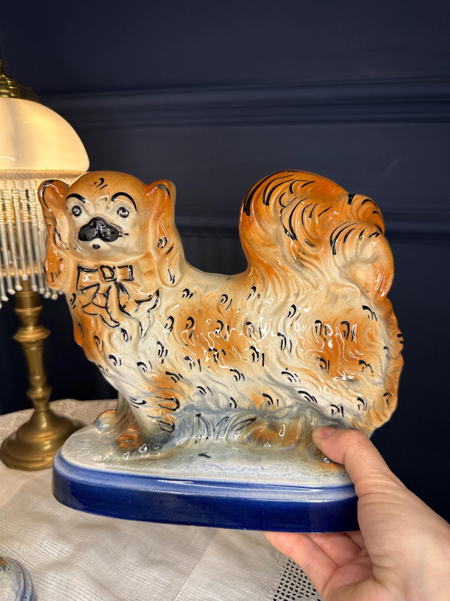 Antique Staffordshire Pekingese Dog Figurines Pair | Early 1900s Hand Painted Ceramic Spaniels | Blue Base Vintage Dogs | English Collectibl