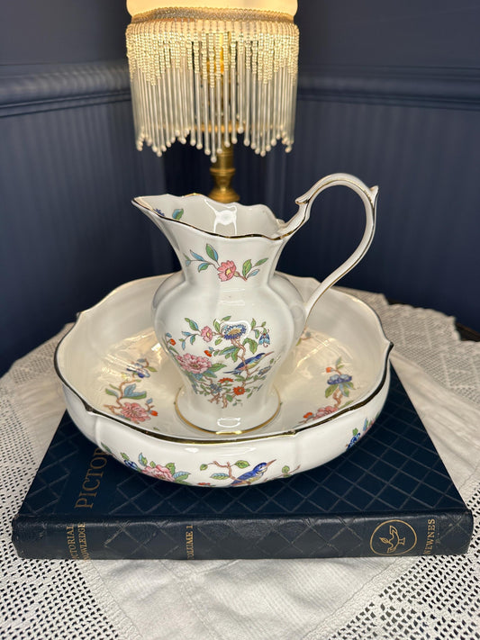 Vintage Wash Basin & Pitcher Set, Cottagecore Vanity Decor, Floral Bird China Bowl Jug, Aynsley Pembroke Fine Bone China England