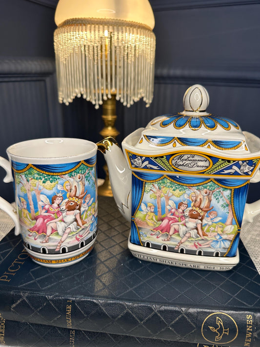 Vintage Shakespeare Teapot Set with Mug, Midsummer Night’s Dream Tea Set, Literary Gift for Book Lover, Cottagecore Kitchen Decor, Fairy Tea