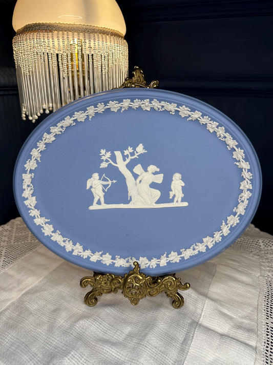 Wedgwood Jasperware Blue Oval Plate – Vintage Made in England Relief Cherub Cupid Dish – Classical Greek Decor – Collectible Wedgwood Tray