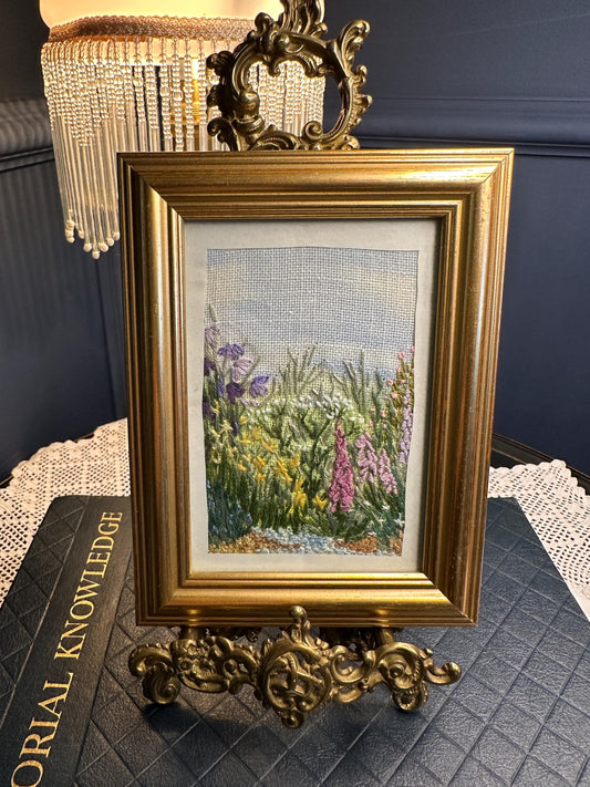 Vintage Floral Embroidery Wall Art Set, Framed Crewel Botanical Decor, Cottagecore Wildflower Pictures, Gold Frame Mini Art, Set of 4