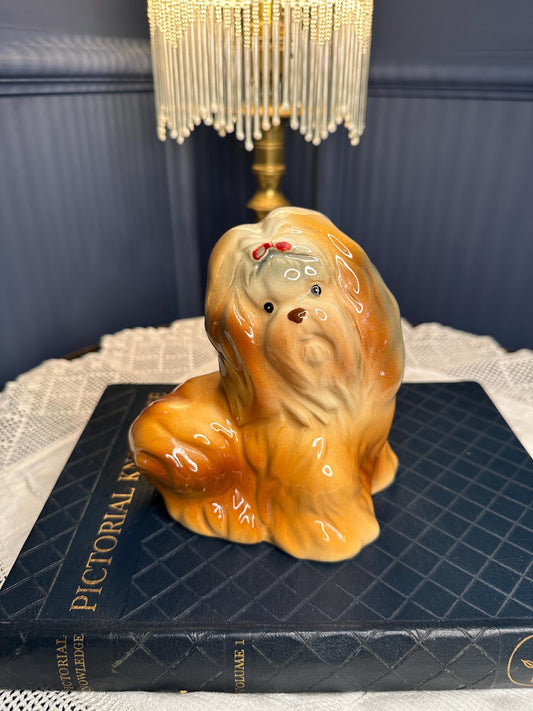 Vintage Ceramic Dog Figurine | Shih Tzu Spaniel Style Puppy Statue | Mid Century Glossy Pottery Dog Decor | Cute Retro Animal Collectible