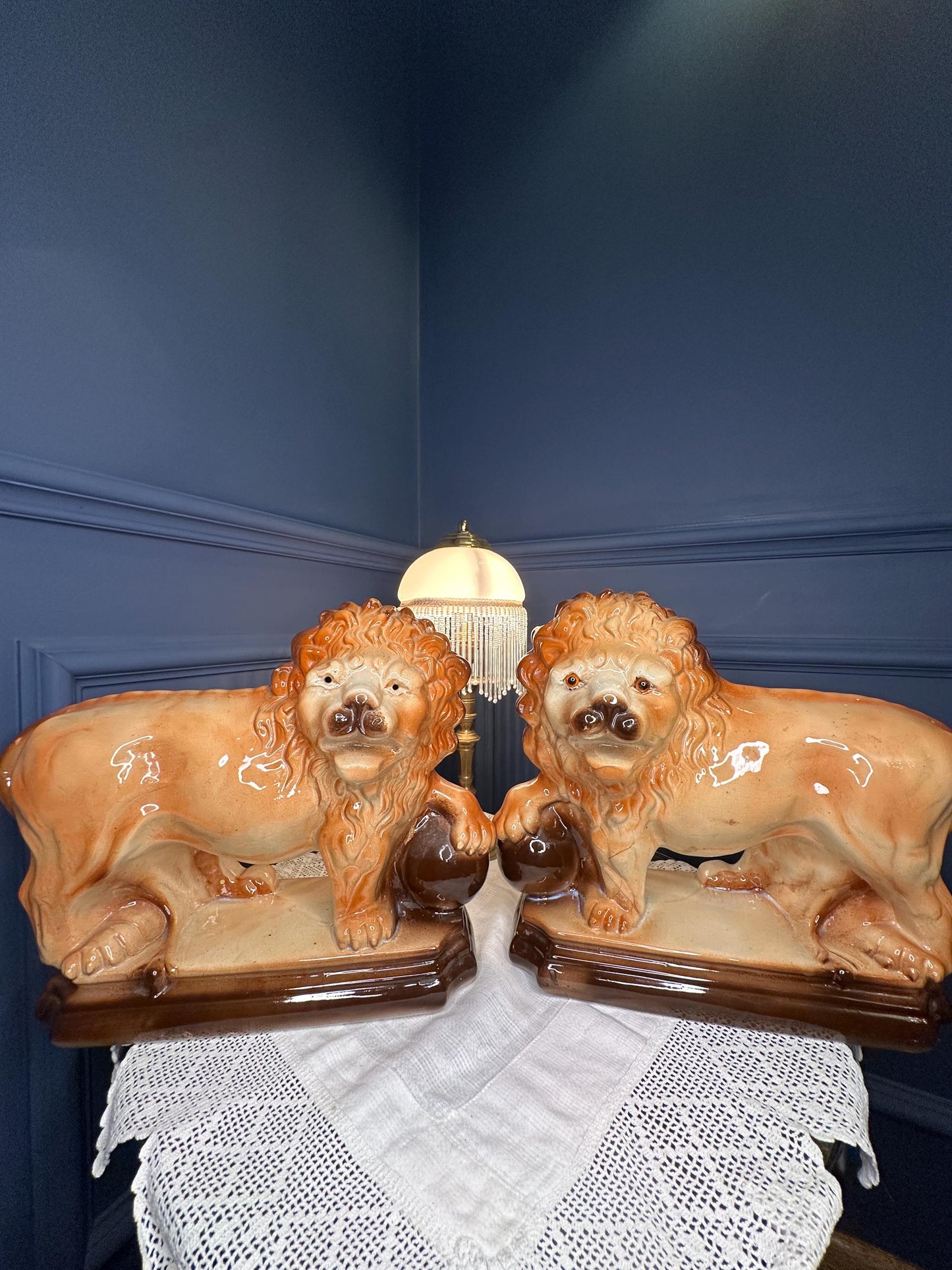 Antique Staffordshire Lion Figurines Pair | Victorian Ceramic Lions Medici Style | English Pottery Lion Statues | Mantel Fireplace Decor