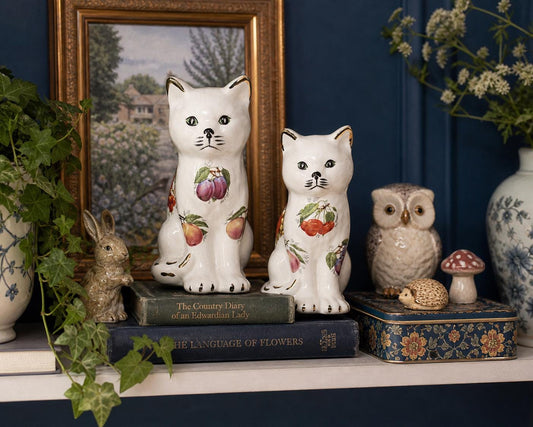 Vintage Cat Figurines Pair Made in England | White Ceramic Cats Fruit Design | Cottagecore Decor | Cat Lover Gift | Farmhouse Shelf Decor