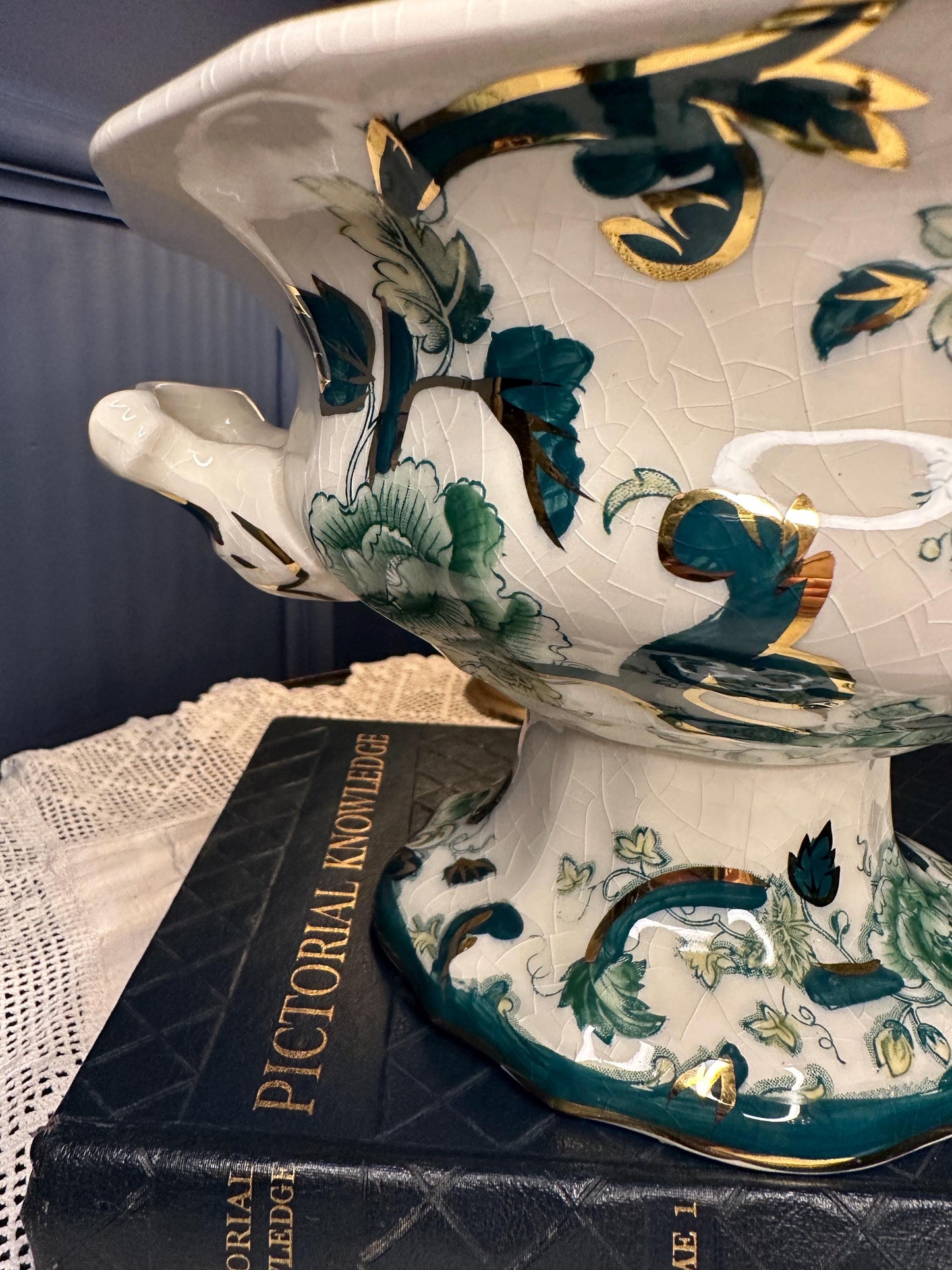 Masons Ironstone Pekin Bowl Vintage Serving Bowl English China Green Floral Chartreuse Centerpiece Dish