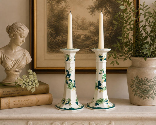 Vintage Mason’s Ironstone Candlesticks Pair Chartreuse Green Floral England Taper Candle Holders Cottagecore Farmhouse Decor
