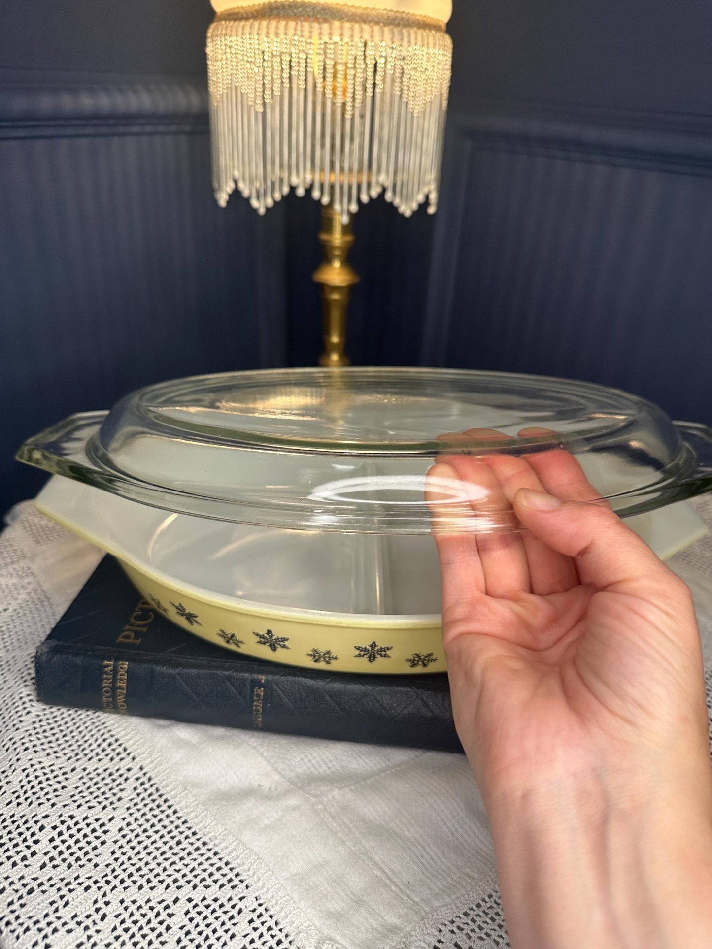 Vintage Pyrex Divided Casserole Dish with Lid, Yellow Snowflake Pyrex, Mid Century Glass Bakeware, Retro Serving Dish MCM Kitchen