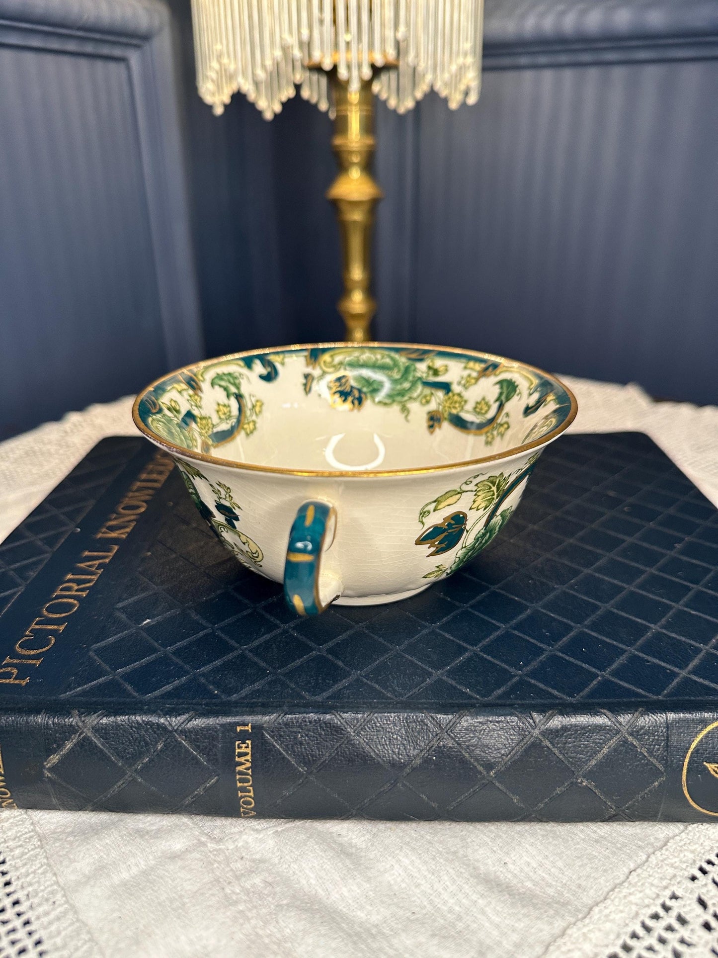 Antique Mason’s Chartreuse Ironstone China Serving Bowl | Victorian Transferware Soup Tureen Bowl Green Floral