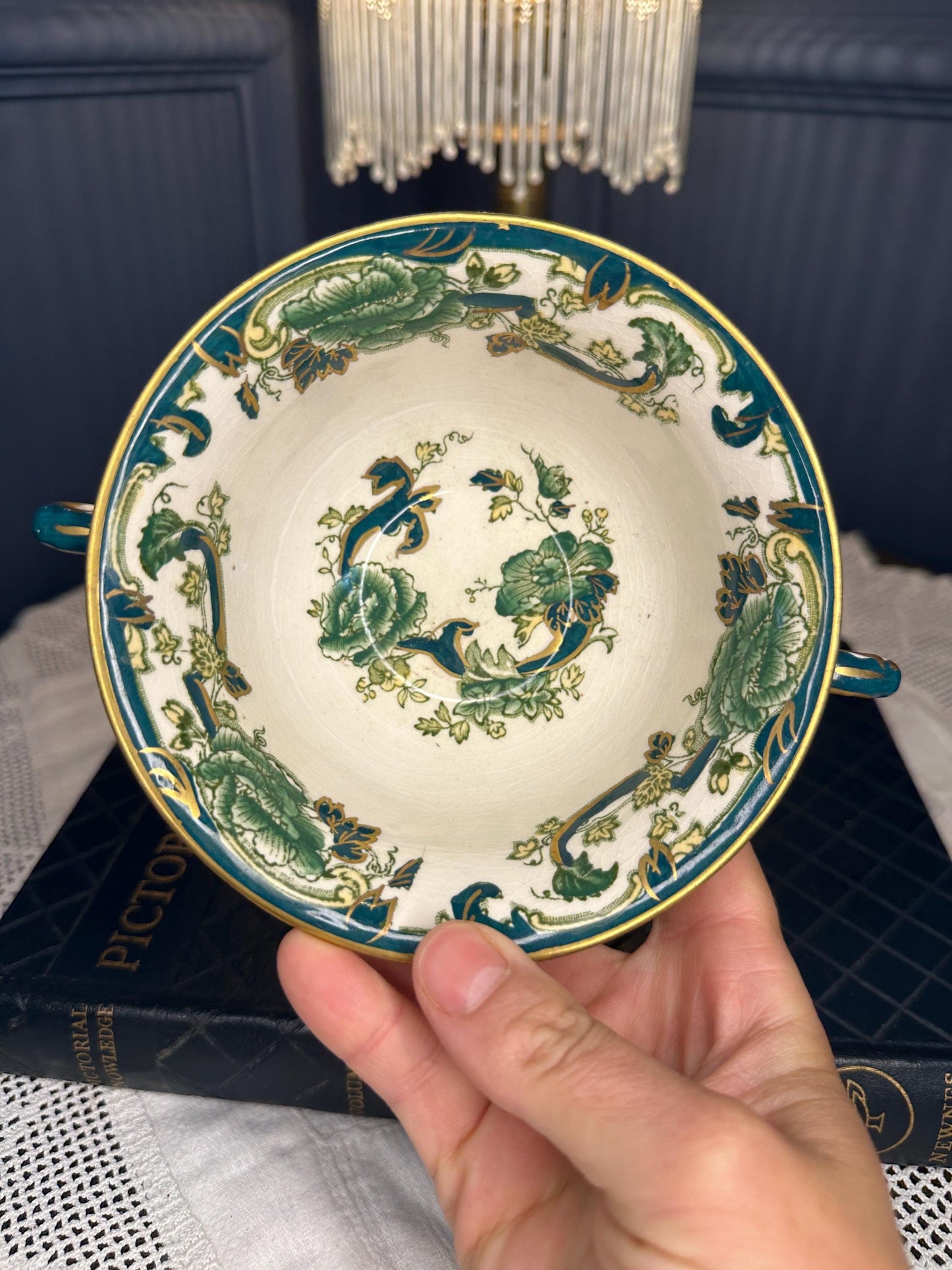 Antique Mason’s Chartreuse Ironstone China Serving Bowl | Victorian Transferware Soup Tureen Bowl Green Floral