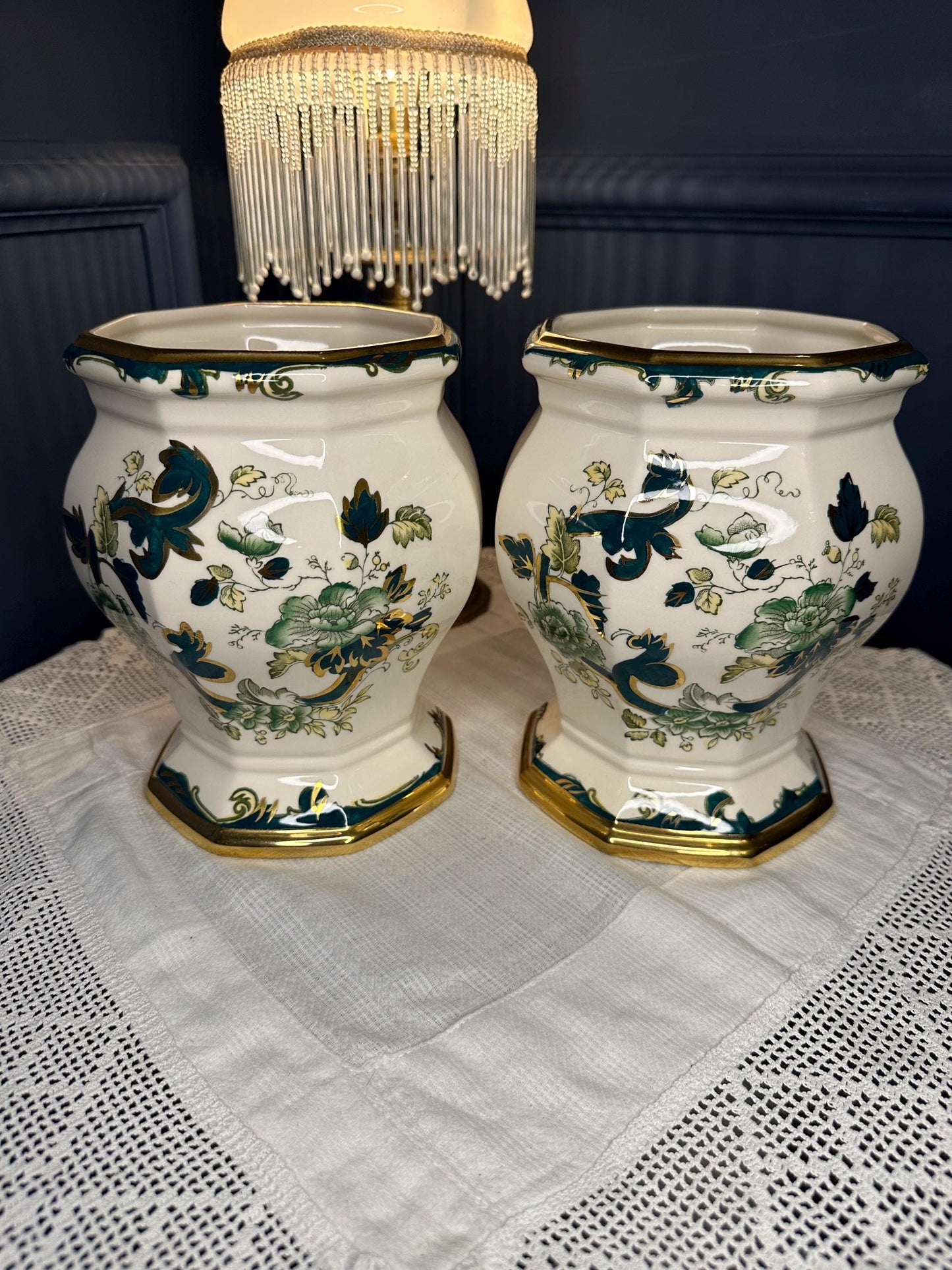 Rare Mason’s Chartreuse Ironstone Planter Pair | Vintage English Jardiniere Cache Pots | Green Floral Gold Gilt | Made in England