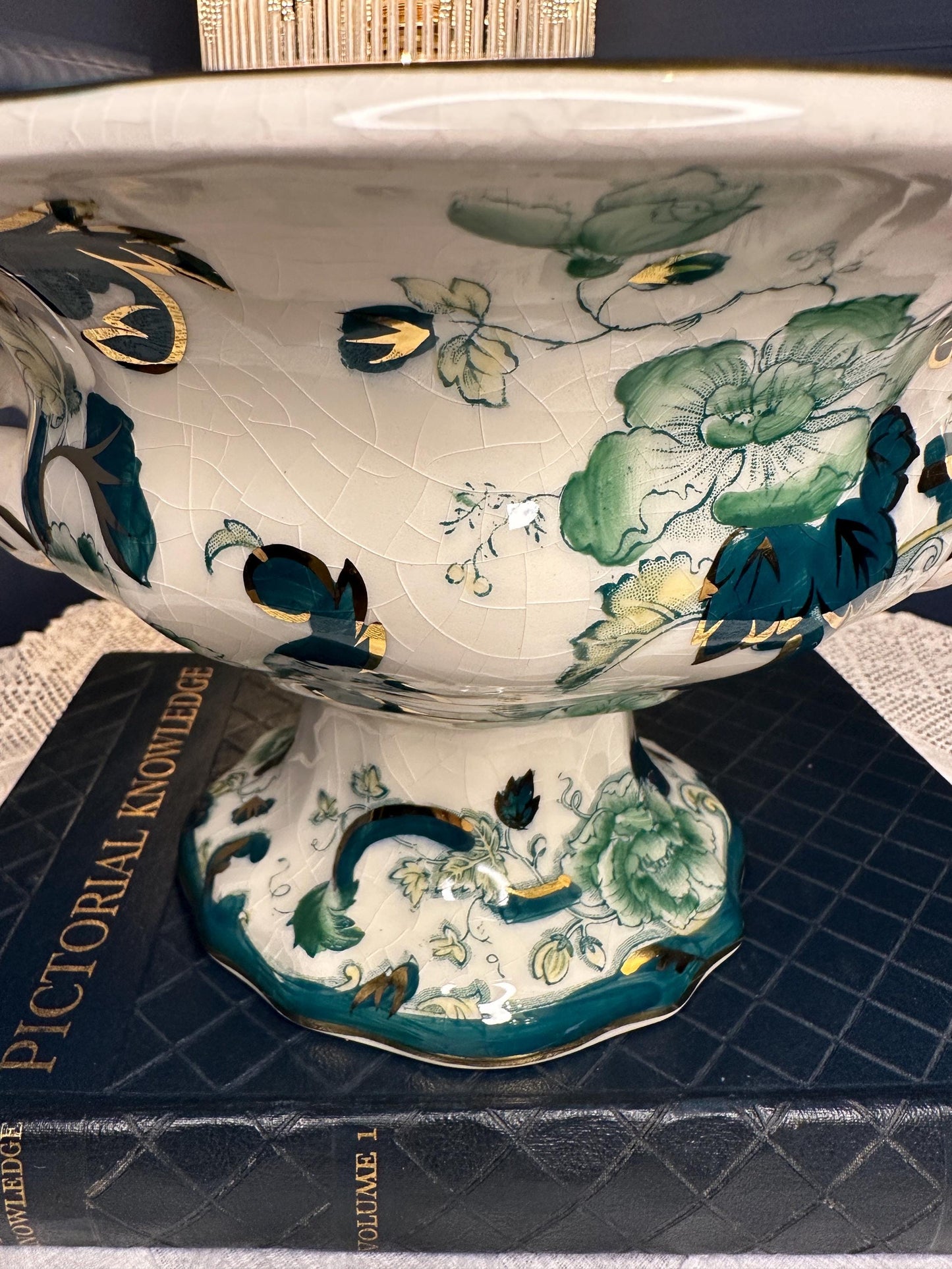 Masons Ironstone Pekin Bowl Vintage Serving Bowl English China Green Floral Chartreuse Centerpiece Dish