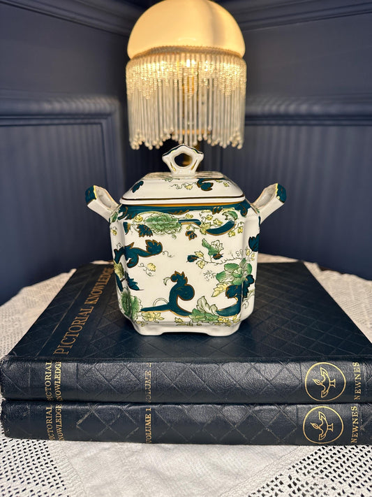Vintage Mason’s Ironstone Tea Caddy Chartreuse England | Green Floral Lidded Tea Canister | English Transferware Decor