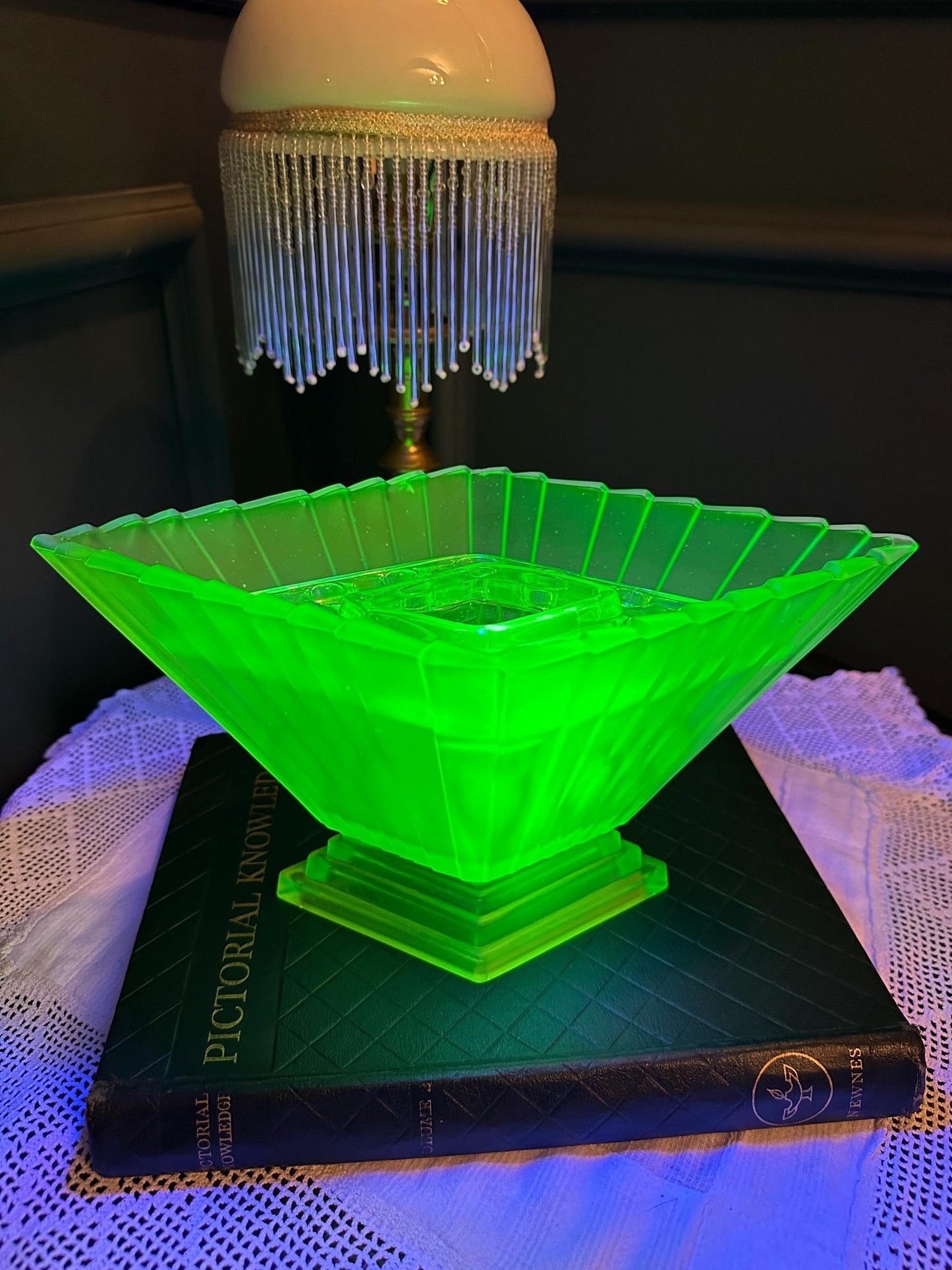 Vintage Art Deco Uranium Glass Console Bowl | Large Frosted Green Vaseline Glass Centerpiece | Depression Glass Flower Frog