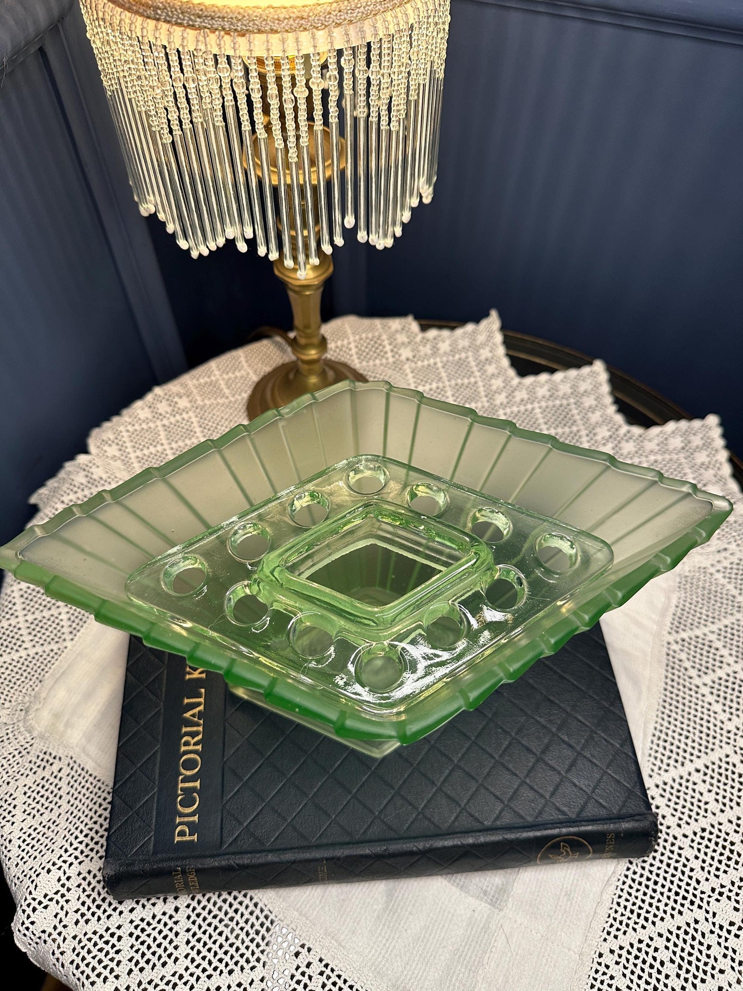 Vintage Art Deco Uranium Glass Console Bowl | Large Frosted Green Vaseline Glass Centerpiece | Depression Glass Flower Frog