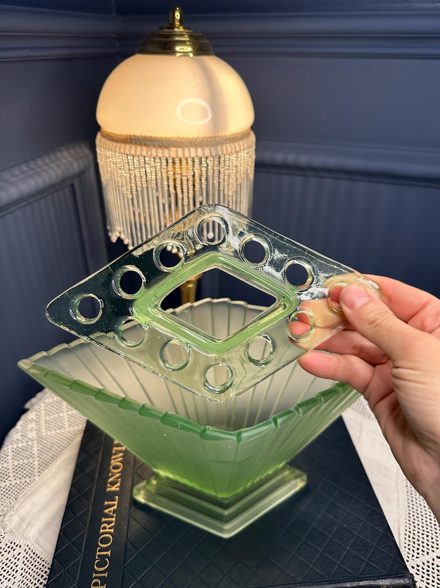 Vintage Art Deco Uranium Glass Console Bowl | Large Frosted Green Vaseline Glass Centerpiece | Depression Glass Flower Frog