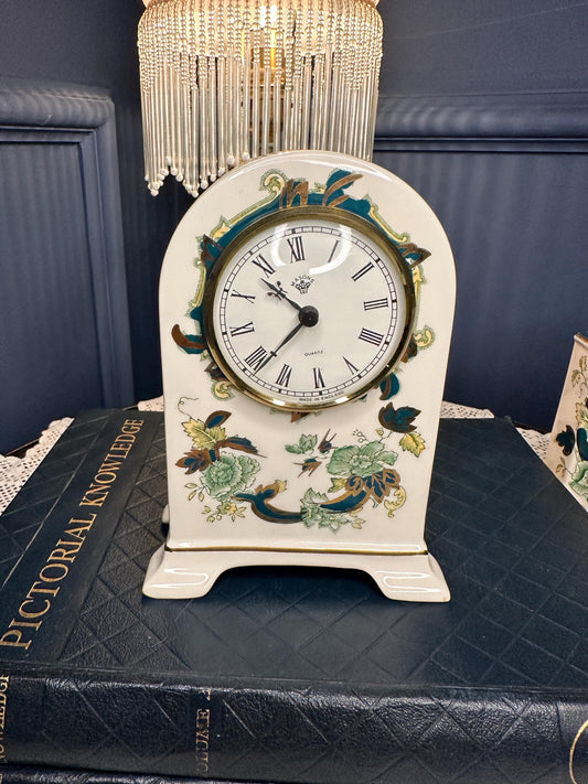 Vintage Mason’s Chartreuse Ironstone Mantel Clock England Hand Painted Ceramic Clock Cottagecore Decor Green Floral
