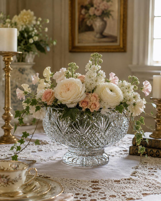 Vintage Royal Brierley Crystal Bowl with Metal Frog Lid, English Lead Crystal Flower Bowl, Cottagecore Centerpiece
