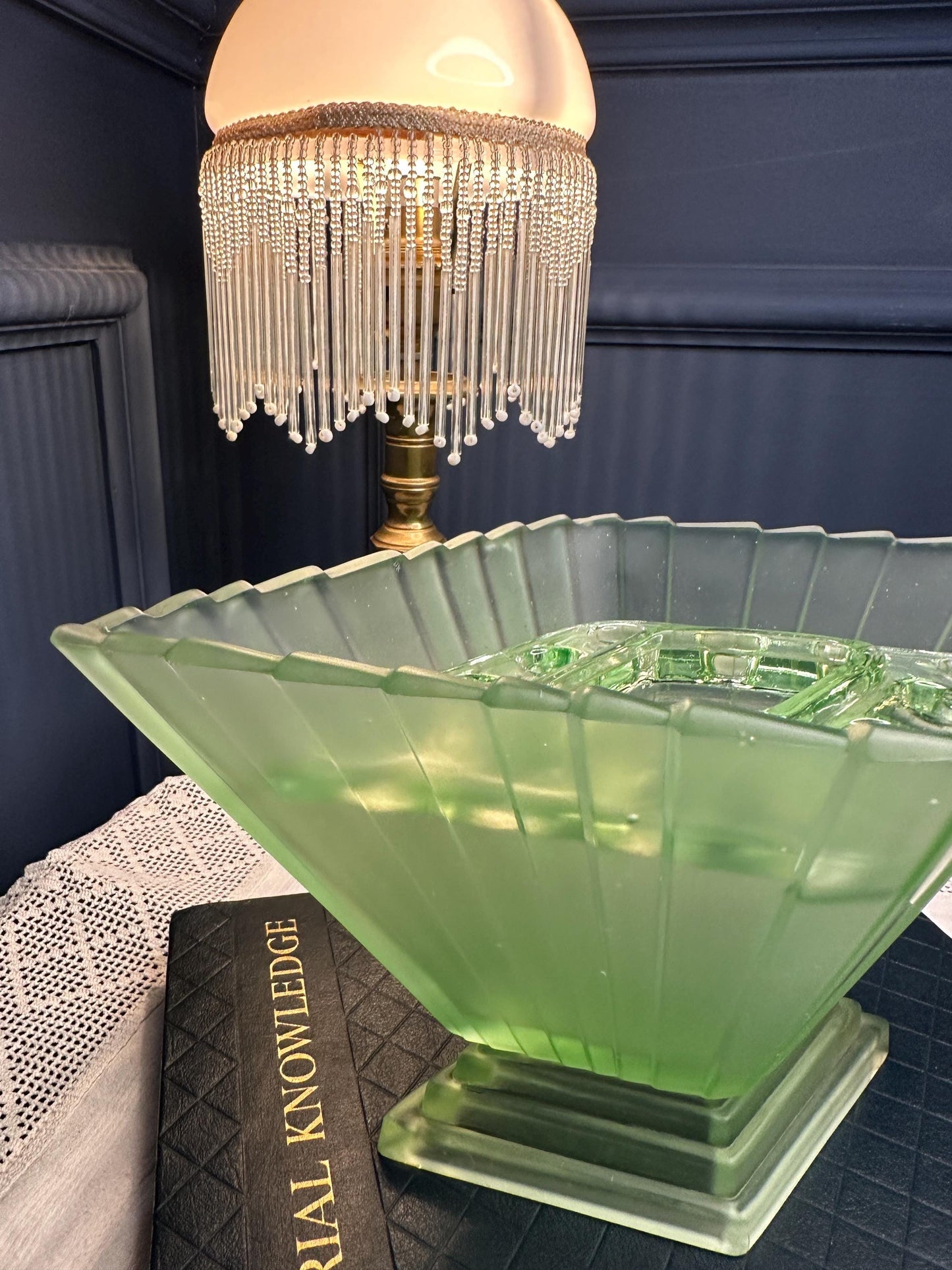 Vintage Art Deco Uranium Glass Console Bowl | Large Frosted Green Vaseline Glass Centerpiece | Depression Glass Flower Frog