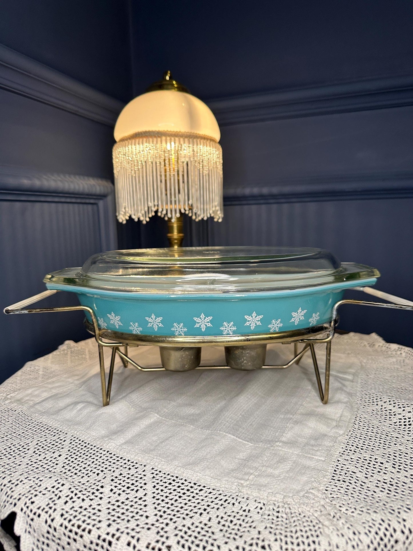 Vintage Pyrex Gaiety Divided Vegetable Dish w Stand & Lid | Turquoise Blue Snowflake Casserole | Mid Century Serving Dish